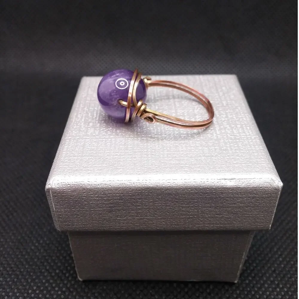 Artisan Amethyst Copper Ring Solitaire Wire Wrapped 12mm Gemstone Sz 8 NEW